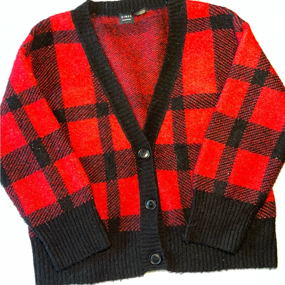 Plaid Red and Black Knit Oversized Cardigan Sweater